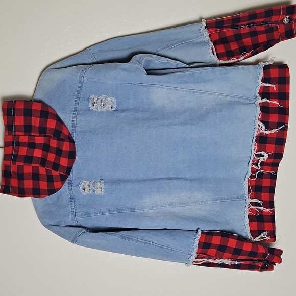 “Denim Jacket Hoodie Plaid Flannel Distressed – Size M” - Picture 4 of 6